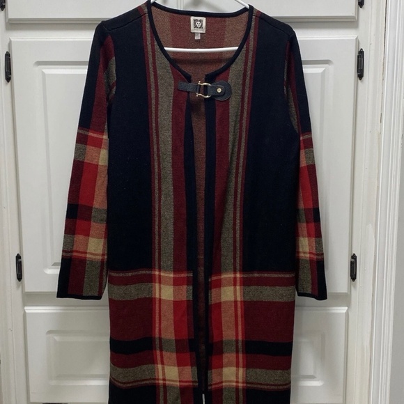 Vintage Anne Klein Cardigan Sweater Sz L Plaid  Knit Jacket Duster Classic - Picture 1 of 4